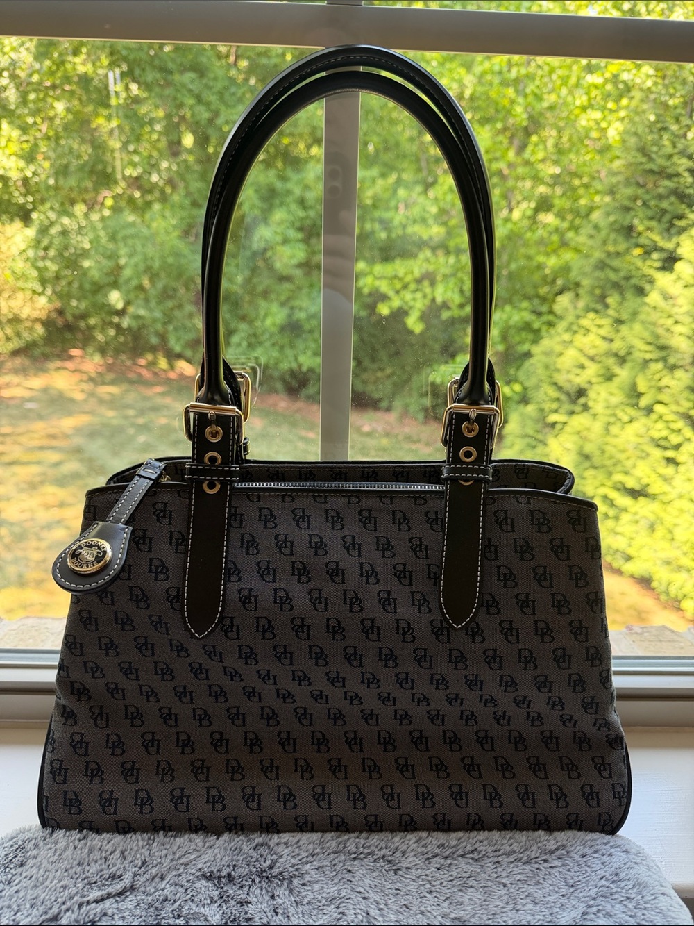 Dooney & Bourke Black Logo Satchel with Glossy Trim